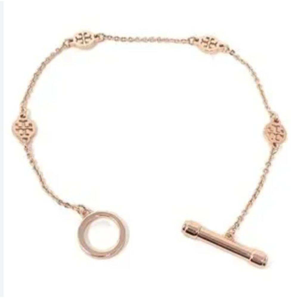Tory Burch Rose Gold Station Logo Toggle Bracelet